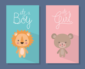 Baby shower invitation with lion and bear vector design