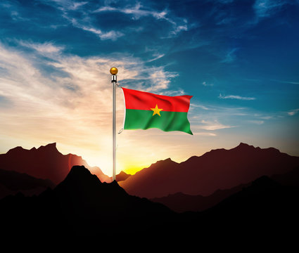 Burkina Faso flag,Waving flag on the mountain
