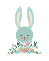 Cute rabbit cartoon with flowers and leaves vector design