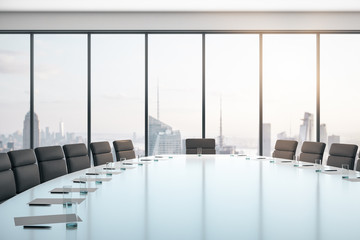 Conference room with table and chairs, large window and city view at sunrise, business concept. 3D...