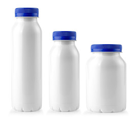 white bottles with blue lid on white background