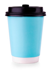 Blue Paper Cup With Black Lid Isolated on White Background.