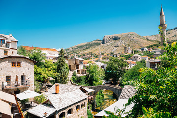 Fototapeta na wymiar Mostar old town and Crooked Bridge in Bosnia and Herzegovina