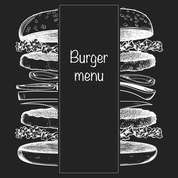 Burger menu template. Burger sketch on dark background. Vector illustration