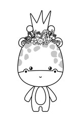 Cute giraffe with crown flowers and leaves vector design