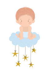 Cute baby boy over cloud and stars vector design