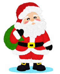 3D “Santa Claus Cartoon Character design by wool fur feather brush, decorative with Red Christmas hat,  and green gift bag isolated in white background has clipping path. Design for Christmas concept.
