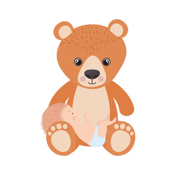 Cute baby boy with teddy bear vector design