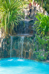 Scenery small waterfall with plants in the pool