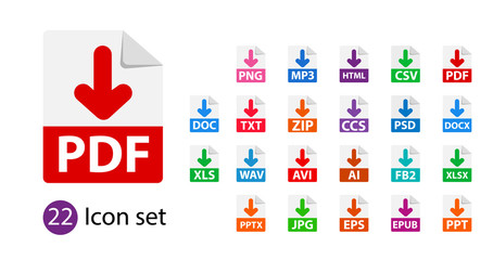 Collection of vector icons. Sign Download. File format extensions icons. PDF, MP3, TXT, DOC, DOCx, ZIP PPTx XLSx JPG PSD fb2 AVI
