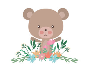 Obraz na płótnie Canvas Cute bear with flowers and leaves vector design
