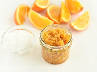 Orange peel, brown sugar, coconut oil body or lip scrub, natural, homemade cosmetics.
