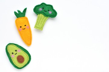Vegetables from felt fabric, kawaii style smiling faces avocado, carrot and broccoli handmade felt...