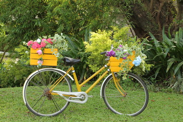 Fototapeta na wymiar Fahrrad mit Blumen und Pflanzen beladen