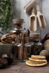 Winter autumn  different ingredients for a warming hot tea  white wood background, copy space, top view