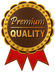 3d rendered seal in yellow and brown with red cloth ribbons and metallic golden text premium quality in a ring of golden stars