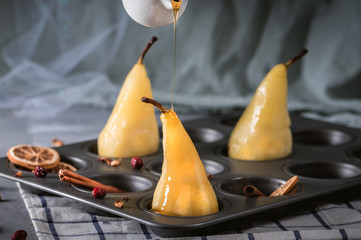 Sweet pears in syrup with spices