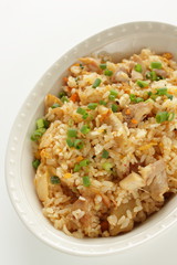 Korean food, chicken and kimchi stir fried rice