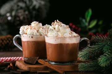 Hot chocolate with whipped cream and cinnamon sticks