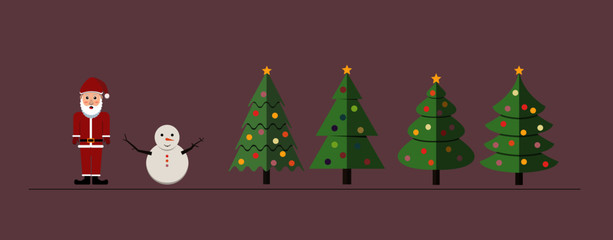 Collection Set of Christmas trees Snowman and Santa Claus, Flat design.