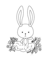 Cute rabbit cartoon with flowers and leaves vector design