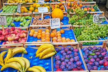 Great selection of fresh fruits for sale at a market in Naples, Italy