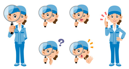 虫眼鏡で調査する青い作業着の女性の全身と表情のセット