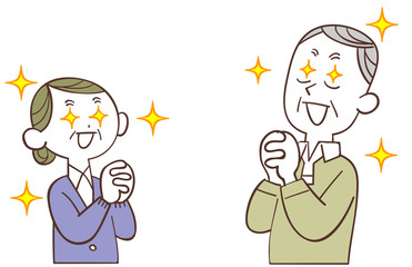 向かい合って目を輝かせて祈るシニアの夫婦