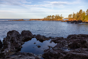 Wild Pacifc Trail, Ucluelet, Vancouver Island, BC, Canada. Beautiful View of the Rocky Ocean Coast during a colorful and vibrant morning sunrise.