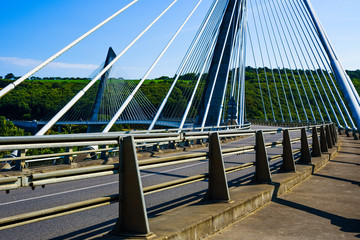 Fototapeta na wymiar Stunningly beautiful Terenez bridge to the Crozon Peninsula. Finister. Brittany. France