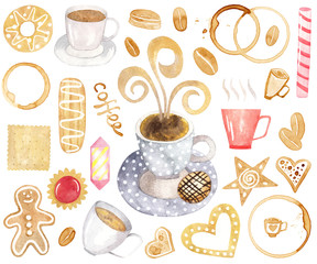 Big watercolor set of coffee and sweets. Coffee mug, cookies, sweets, grains, coffee splashes. For design of menus, coffee cards, cafe decor. Create patterns, covers, wrapping paper, stickers, posters