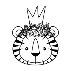 Cute tiger with crown flowers and leaves vector design