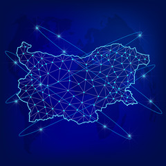 Global logistics network concept. Communications network map of Bulgaria on the world background. Map of Bulgaria with nodes in polygonal style. Vector illustration EPS10. 
