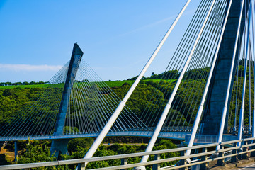 Stunningly beautiful Terenez bridge to the Crozon Peninsula. Finister. Brittany. France