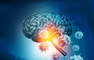 Virus attacking a human brain. 3d illustration. - obrazy, fototapety, plakaty