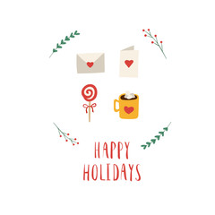 Simple winter icon with candy cane and cocoa mugs