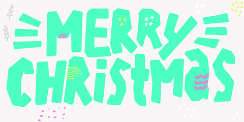Merry Christmas. Hand drawn vector lettering. Xmas wish with shades drawing. Handwritten funny multicolor calligraphy. Winter holidays greeting card and clothing vector design
