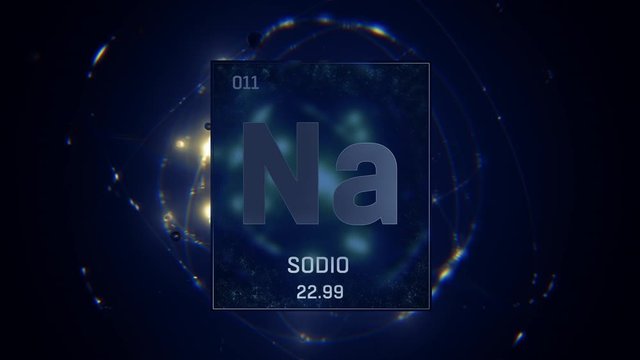 Neon as Element 10 of the Periodic Table. Seamlessly looping 3D animation on silver illuminated atom design background with orbiting electrons. Name, atomic weight, element number in Spanish language