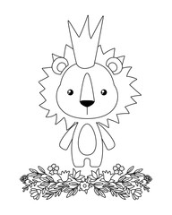 Cute lion with crown flowers and leaves vector design