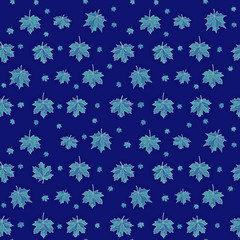 Maple leaves on blue background. Seamless pattern. Hand draw decor illustration.