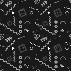 Scrabble - black and white seamless pattern in memphis style. Gray and white doodle elements. Stock illustration for surfaces, paper, textiles, packaging