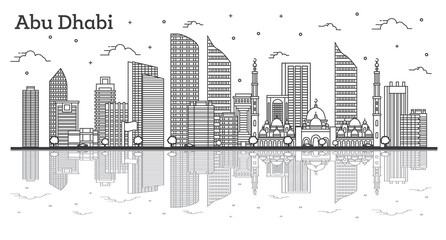 Fototapeta premium Zarys panoramę miasta Abu Dhabi w Zjednoczonych Emiratach Arabskich z nowoczesnymi budynkami i refleksjami na białym tle.
