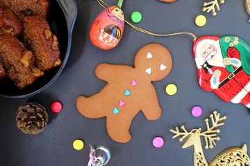 Christmas food. Gingerbread man cookies in Christmas concept settings background. Xmas dessert. background elements. Copy space