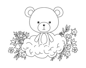 Cute bear with cloud flowers and leaves vector design