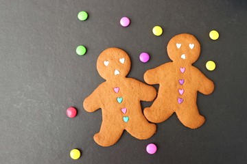 Christmas food. Gingerbread man cookies in Christmas concept settings background. Xmas dessert. background elements. Copy space