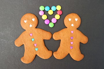 Christmas food. Gingerbread man cookies in Christmas concept settings background. Xmas dessert. background elements. Copy space