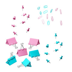 Set of elements of office stationery - paper clips and office pins. Delicate girlish shades of baby pink and mint blue.3D illustration, isolated objects in different angles on a white background