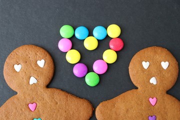 Christmas food. Gingerbread man cookies in Christmas concept settings background. Xmas dessert. background elements. Copy space