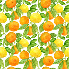 Watercolor citrus seamless pattern. Hand drawn botanical illustration of mandarins, tangerines and lemon fruits with leaves. Plants isolated on white background for design, textile, package, wrapping