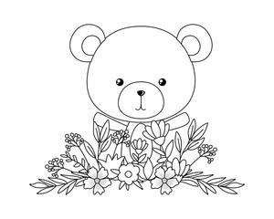 Cute bear with flowers and leaves vector design